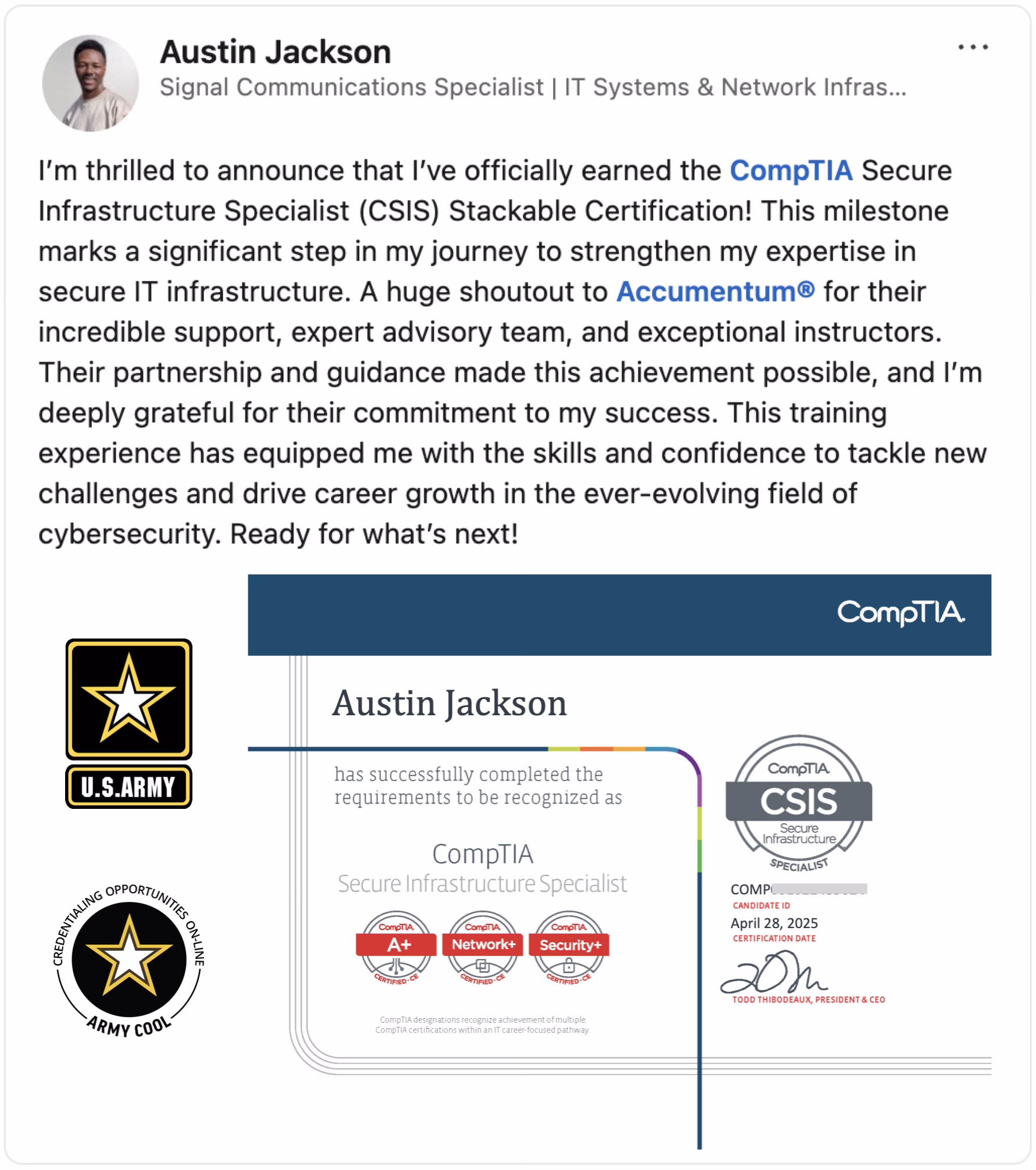 Client Endorsement of Accumentum Cybersecurity Certification Training with Army Credentialing Assistance